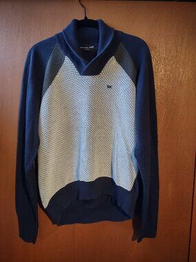 Michael Kors Sweater Mens Large Shawl Collar Colorblock Knit Navy Gray MK Logo